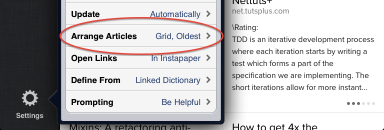 Screenshot of Instapaper settings